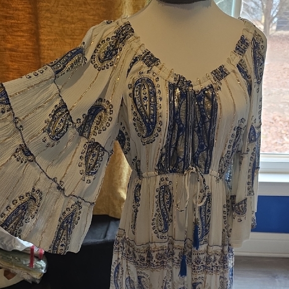 White & Navy Paisley Tiered Maxi Dress with Tie Front - Picture 2 of 6